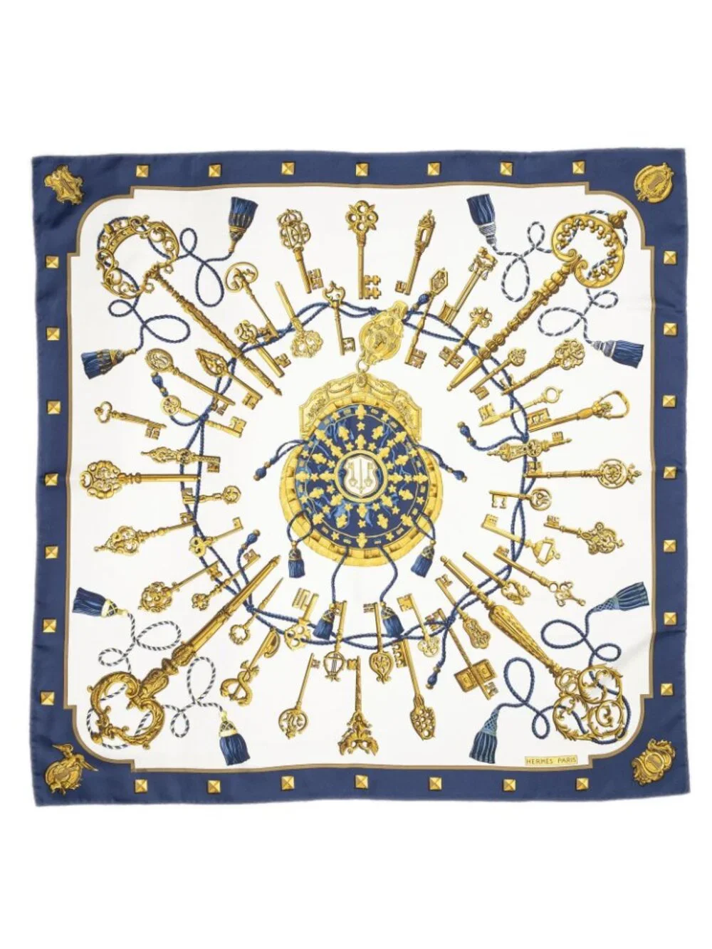 Hermes Scarf Navy Ivory Gold Silk